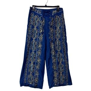 Ashley Taylor Blue Embroidered Wide Leg Pants Lace Up Boho Culottes One Size NEW